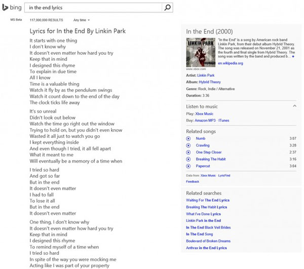 Bing Search displays the lyrics right from the search page - TipsMake.com