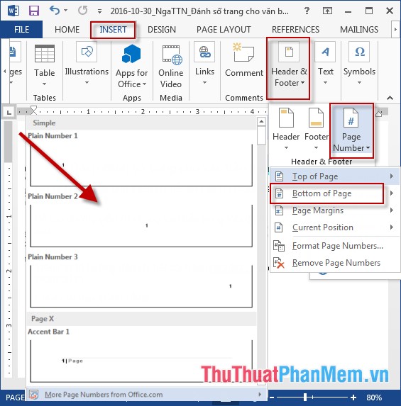 Number the Page for the Text in Word