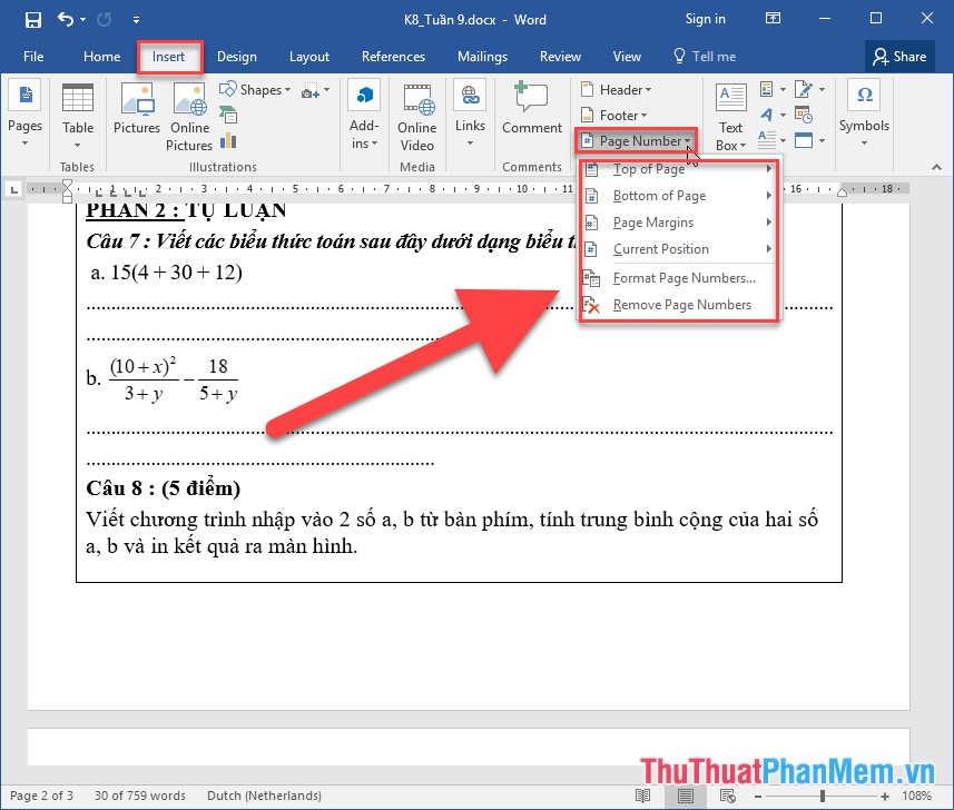 page numbering in word 2016