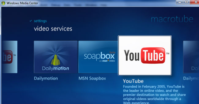 windows media center youtube