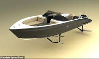 Close up of the world's first electric powered boat, glides smoothly and flies over the water