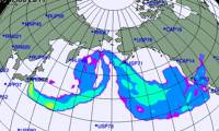 The width and path of radioactive clouds if North Korea tests the Pacific thermonuclear bomb