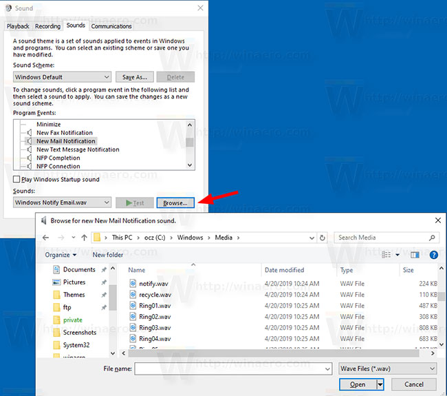 Change new notification sound sounds in Windows 10 Picture 3