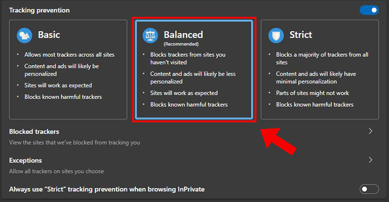 5. Switch Tracking Prevention to Balanced � How to Fix Status_?invalid_?image_?hash Error on Microsoft