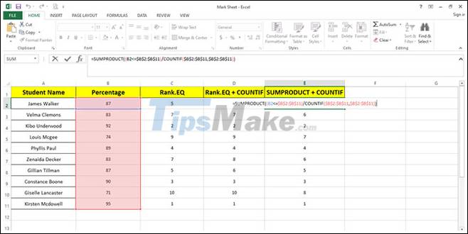 How to use the RANK and SUMPRODUCT functions in Excel with COUNTIF