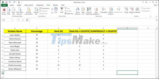 How to use the RANK and SUMPRODUCT functions in Excel with COUNTIF Picture 3
