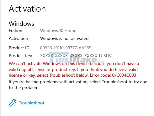 Steps To Fix Error 0xC004C003 When Activating Windows - TipsMake.com