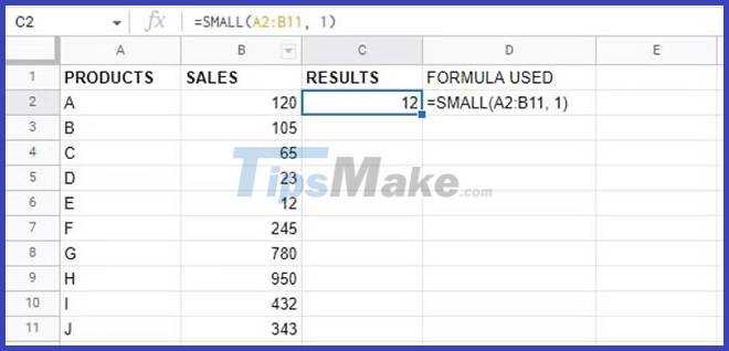 How to use the SMALL function in Google Sheets - TipsMake.com