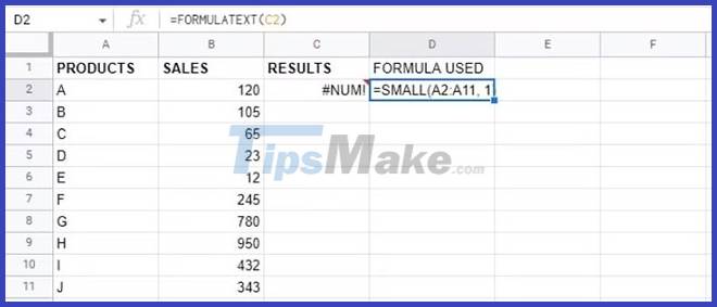 How to use the SMALL function in Google Sheets