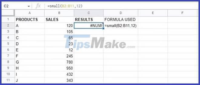 How to use the SMALL function in Google Sheets