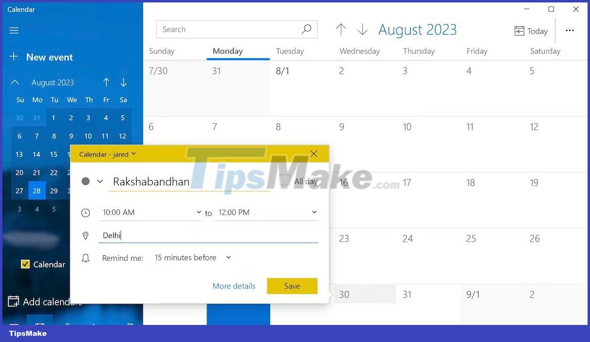 How to use the Calendar application on Windows 11 - TipsMake.com