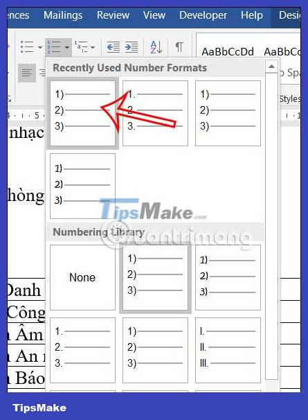 Instructions for numbering in Word tables