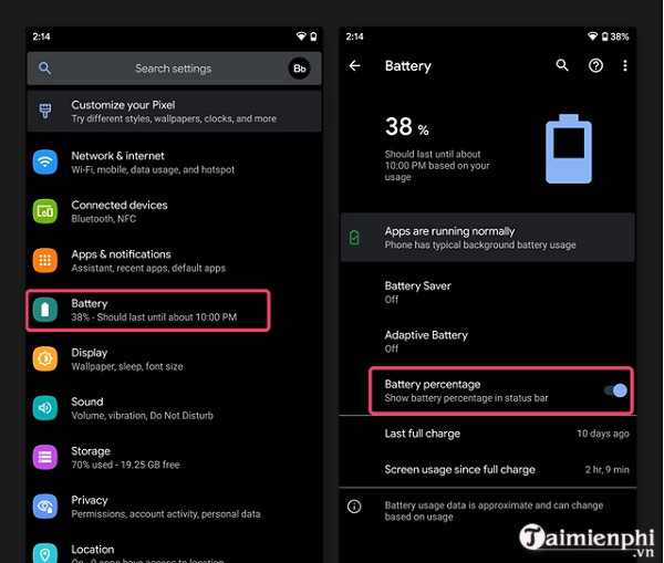Picture 2 of 2 ways to display battery percentage on Android 10 phones