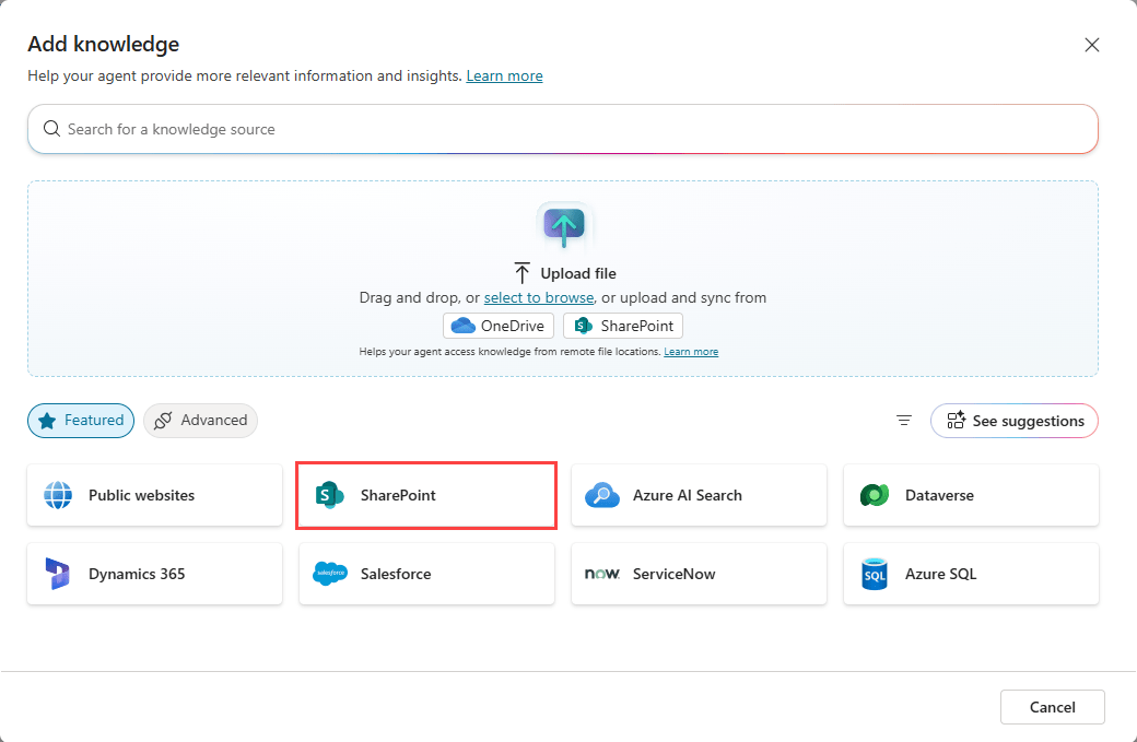 images 1 of Add SharePoint as a knowledge source for agents in Copilot Studio.