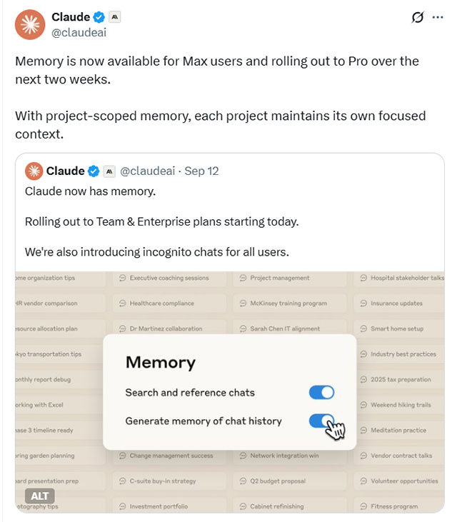 Anthropic adds 'Memory' feature to Claude AI, helping to remember and maintain conversation context like ChatGPT Picture 1