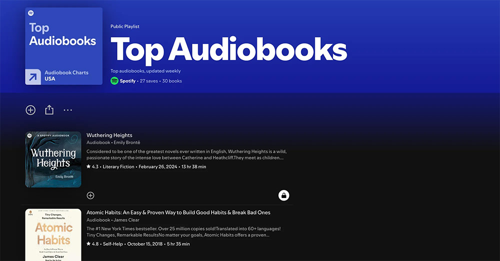 The Spotify audiobook rankings show which books are trending. Picture 1