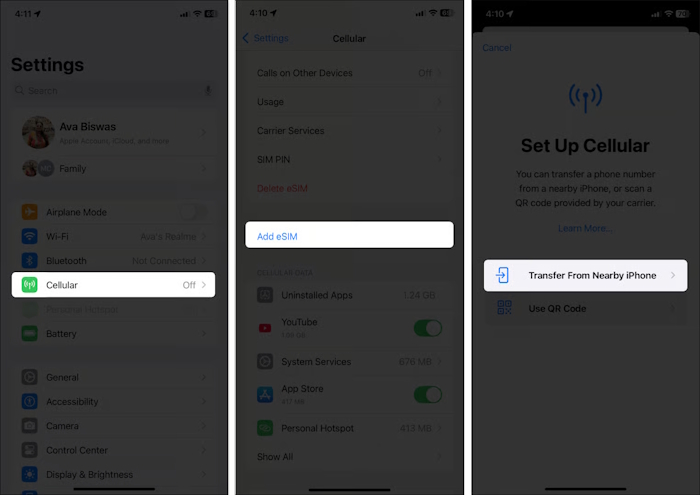 iPhone eSIM transfer setup screens