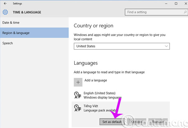 Picture 5 of Change Windows 10 to Vietnamese - The default language will be English.