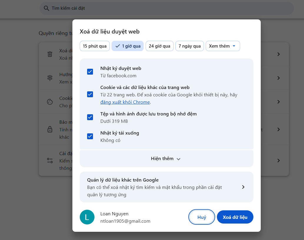 Cached images and files option in Chrome