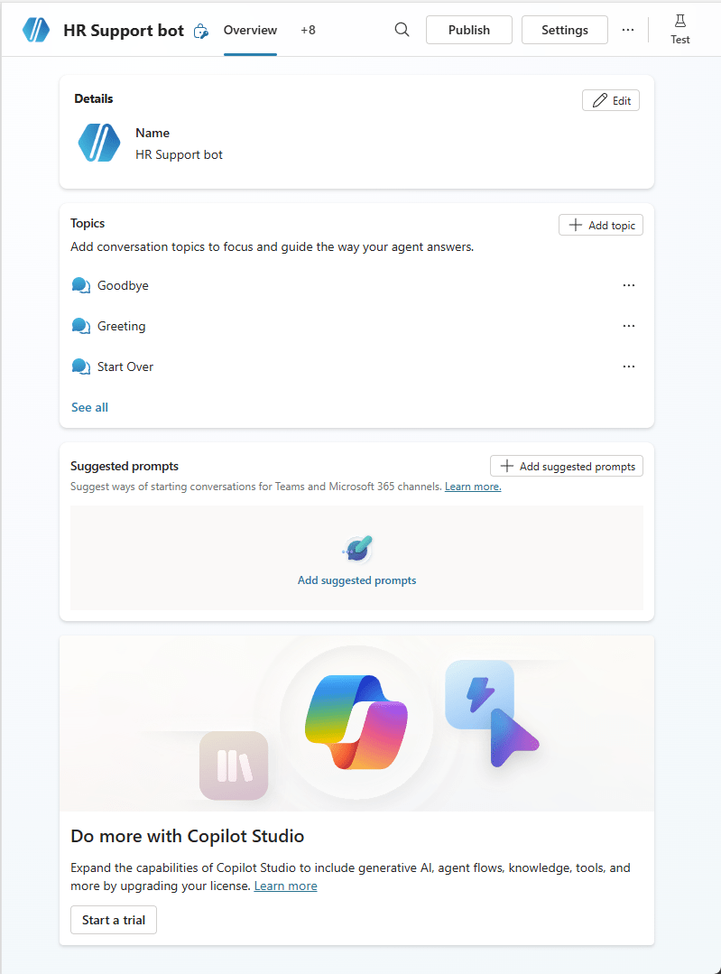 Picture 1 of Create a basic agent and publish it to Microsoft Teams.