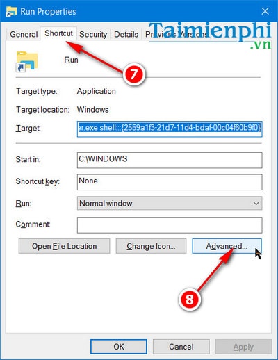Picture 6 of Create a shortcut for the Run command, pin the Run command to the Taskbar and Start Menu on Windows 10.