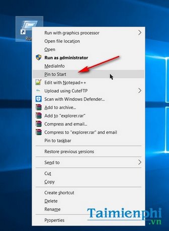Picture 9 of Create a shortcut for the Run command, pin the Run command to the Taskbar and Start Menu on Windows 10.