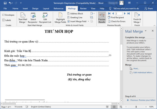 Detailed instructions for mail merge in Word 2010, 2013, 2016 Picture 14