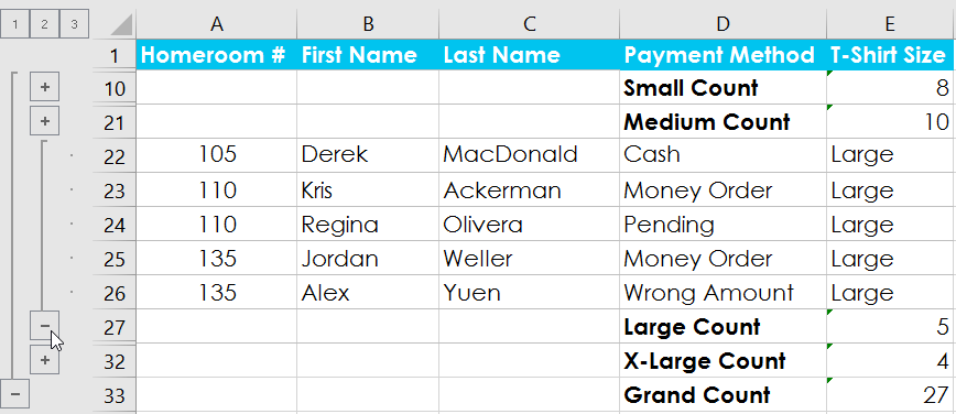 Picture 15 of Excel 2019 (Part 20): Grouping and Subsummary