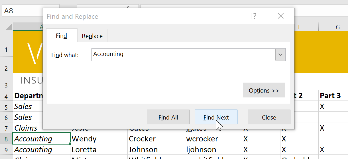 Picture 2 of Excel 2019 (Part 9): The Find & Replace Feature