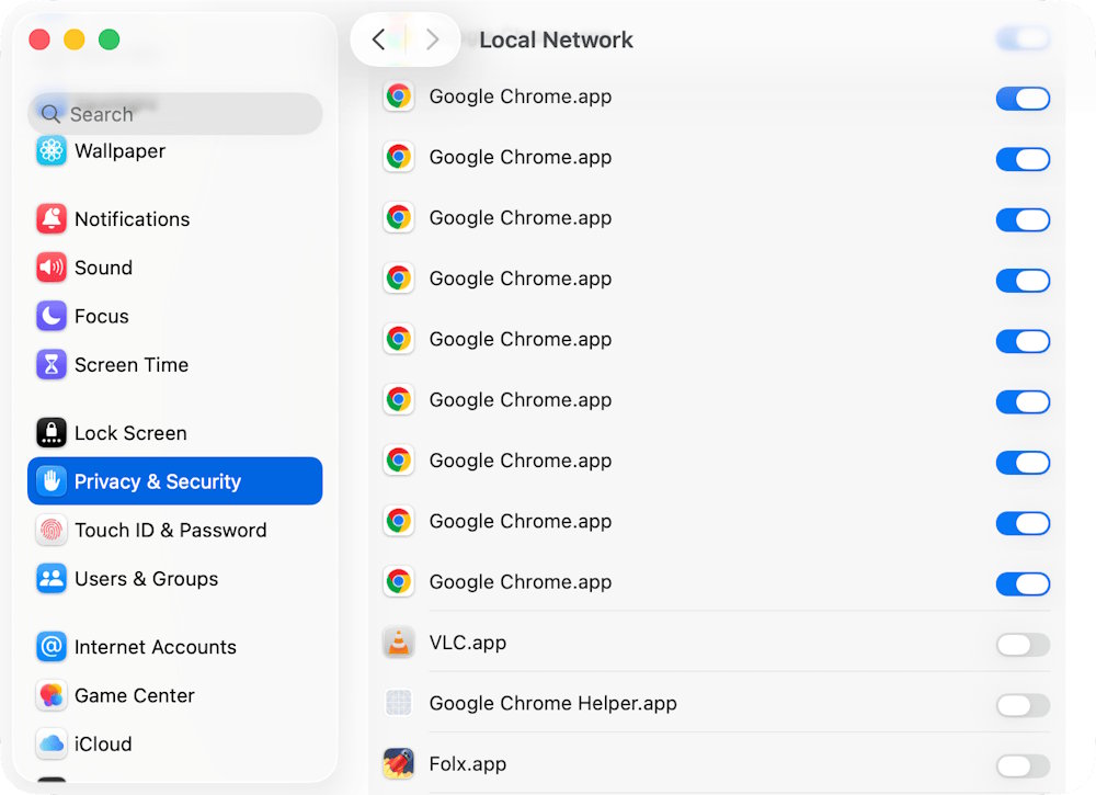 Fixes Chrome not being able to access the local network on Mac. Picture 1