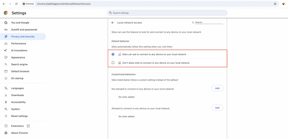 Fixes Chrome not being able to access the local network on Mac. Picture 2
