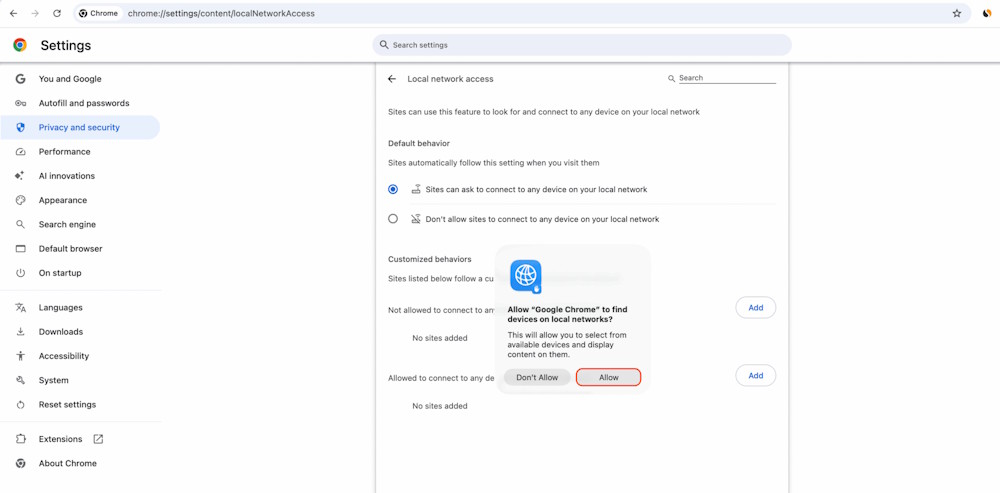 Fixes Chrome not being able to access the local network on Mac. Picture 3