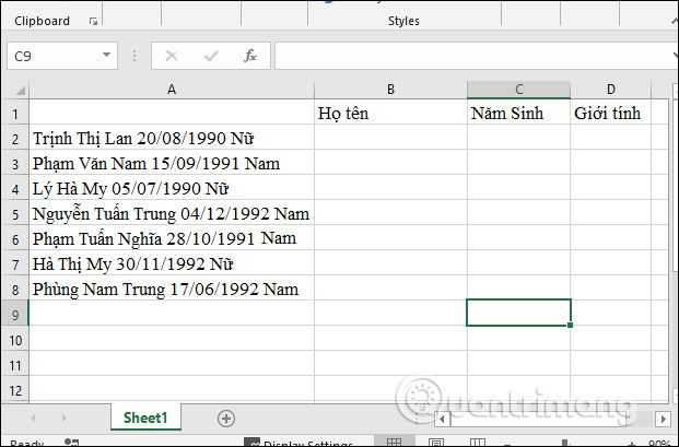Picture 1 of Guide to splitting column data in Excel - into 2 or more columns in a table