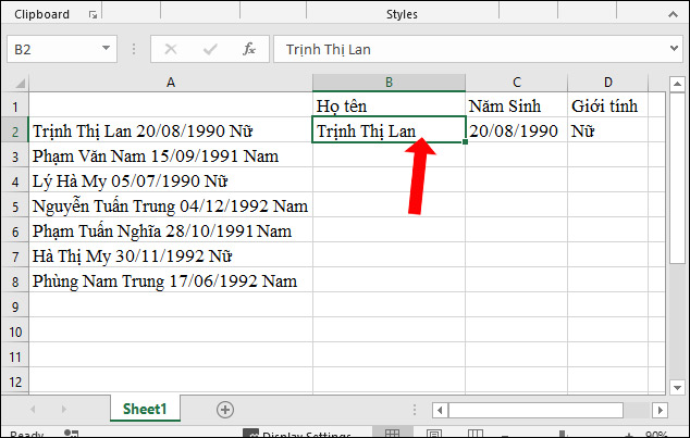 Picture 2 of Guide to splitting column data in Excel - into 2 or more columns in a table
