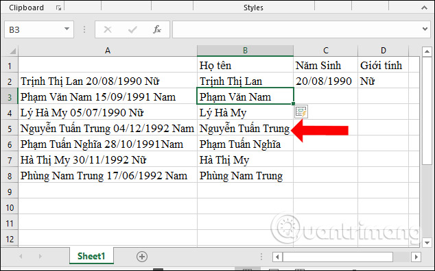 Picture 3 of Guide to splitting column data in Excel - into 2 or more columns in a table