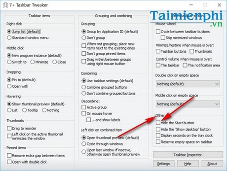 Picture 2 of Hide the Start button on the Windows 10 Taskbar using 7+ Taskbar Tweaker