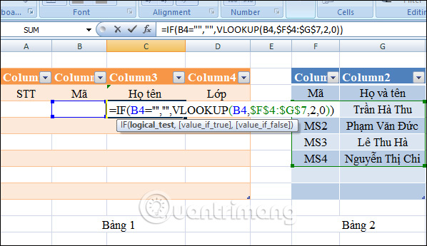 How to automatically display names when entering code in Excel - Combine IF function and Vlookup function Picture 2