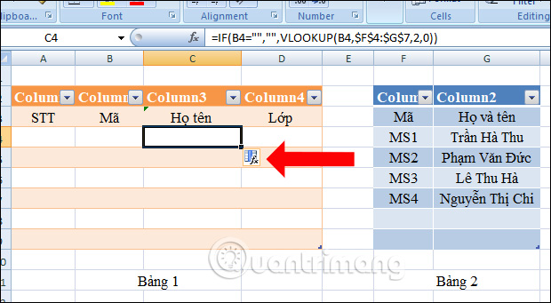 How to automatically display names when entering code in Excel - Combine IF function and Vlookup function Picture 3