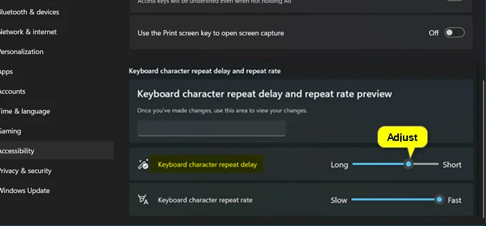 How to change Windows 11 keyboard character repeat delay Picture 1