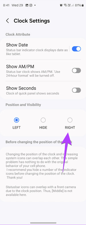 How to change the clock position on the status bar of Samsung phones Picture 3