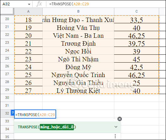 How to convert columns to rows in Google Sheets and vice versa Picture 1