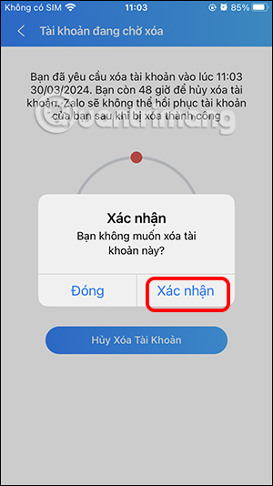 Picture 11 of How to delete a Zalo account on your phone, cancel the deletion of a Zalo account.