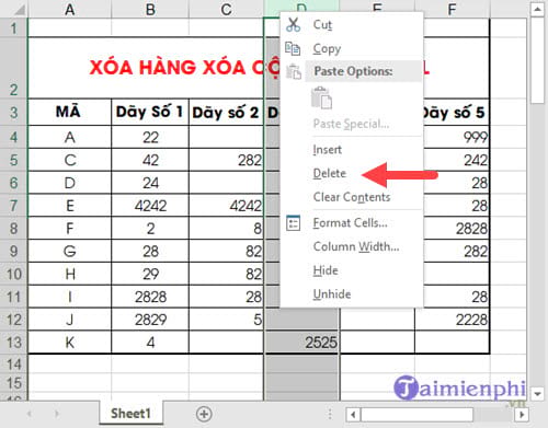How to delete rows and columns in Excel with mouse or key Picture 4