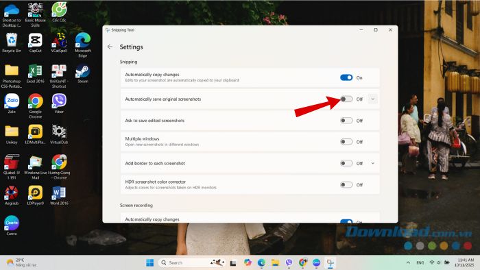 How to disable automatic screenshot saving in Snipping Tool. Picture 2