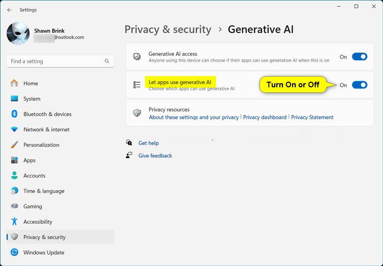 How to enable/disable application access to Generative AI in Windows 11 Picture 4