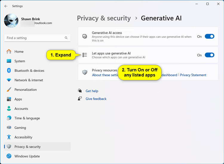 How to enable/disable application access to Generative AI in Windows 11 Picture 6