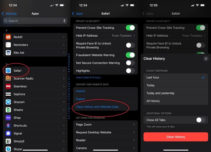 Clear History and Website Data option in iPhone Safari settings