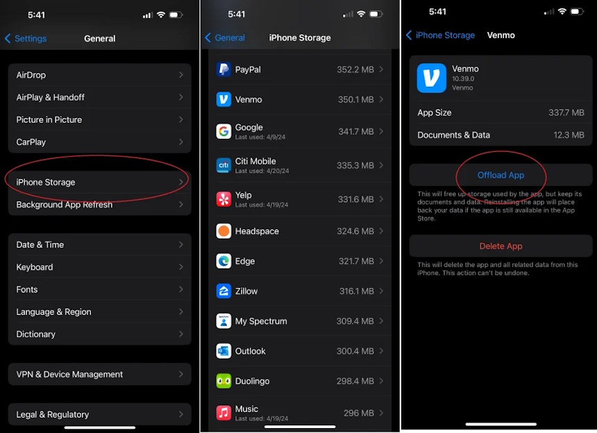 Offload App control in iPhone Storage settings