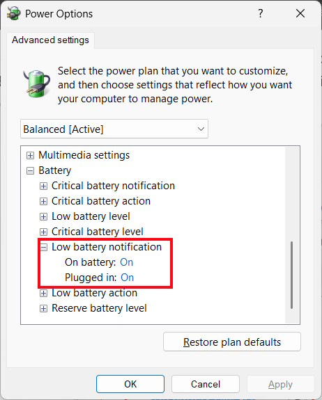How to fix no low battery notification error on Windows 11 Picture 1