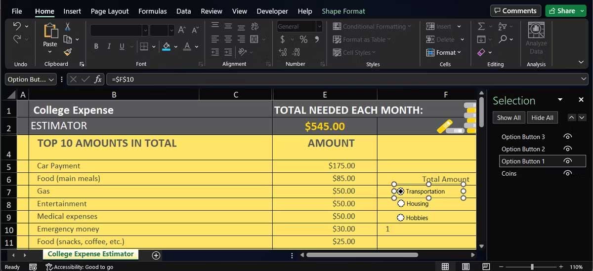 Picture 6 of How to insert and customize selection buttons in Excel